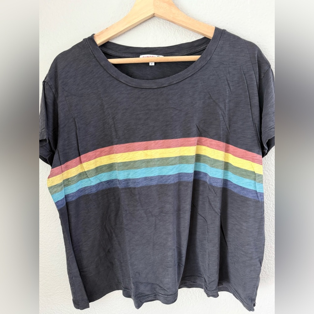 Sundry Charcoal Tee with Rainbow Chest Stripes
